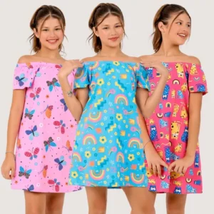 Kit 3 Vestido Infantil Manga Curta Soltinho Modinha Verão