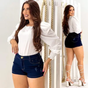 Short Jeans Bermuda Feminino Luxo Cintura Alta Modela Bumbum Blogueira Barra Desfiada